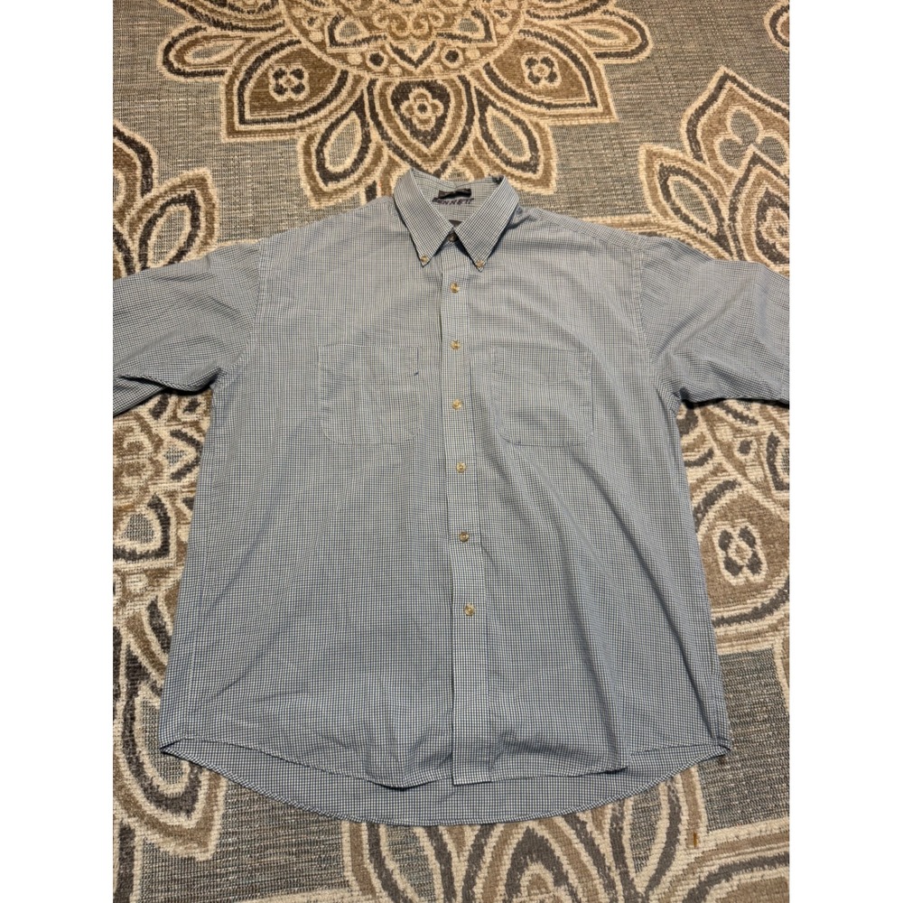 Van Heusen Mens Blue Gingham Short Sleeve Button Down  L 16-16.5 WrinkleFree
